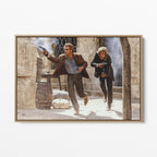 Front display of the Butch Cassidy and the Sundance Kid final shootout color canvas in a natural oak floating frame