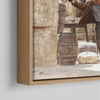Corner close-up of the natural oak floating frame on the Butch Cassidy and the Sundance Kid final shootout color canvas