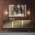 Sleek aluminum color metal print of the Butch Cassidy and the Sundance Kid final shootout above a sideboard