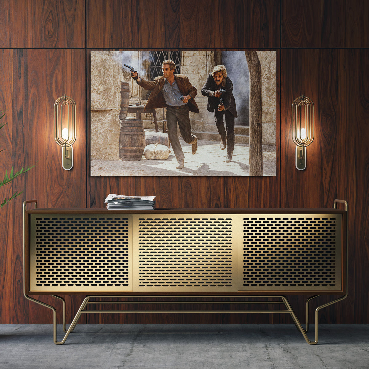 Sleek aluminum color metal print of the Butch Cassidy and the Sundance Kid final shootout above a sideboard