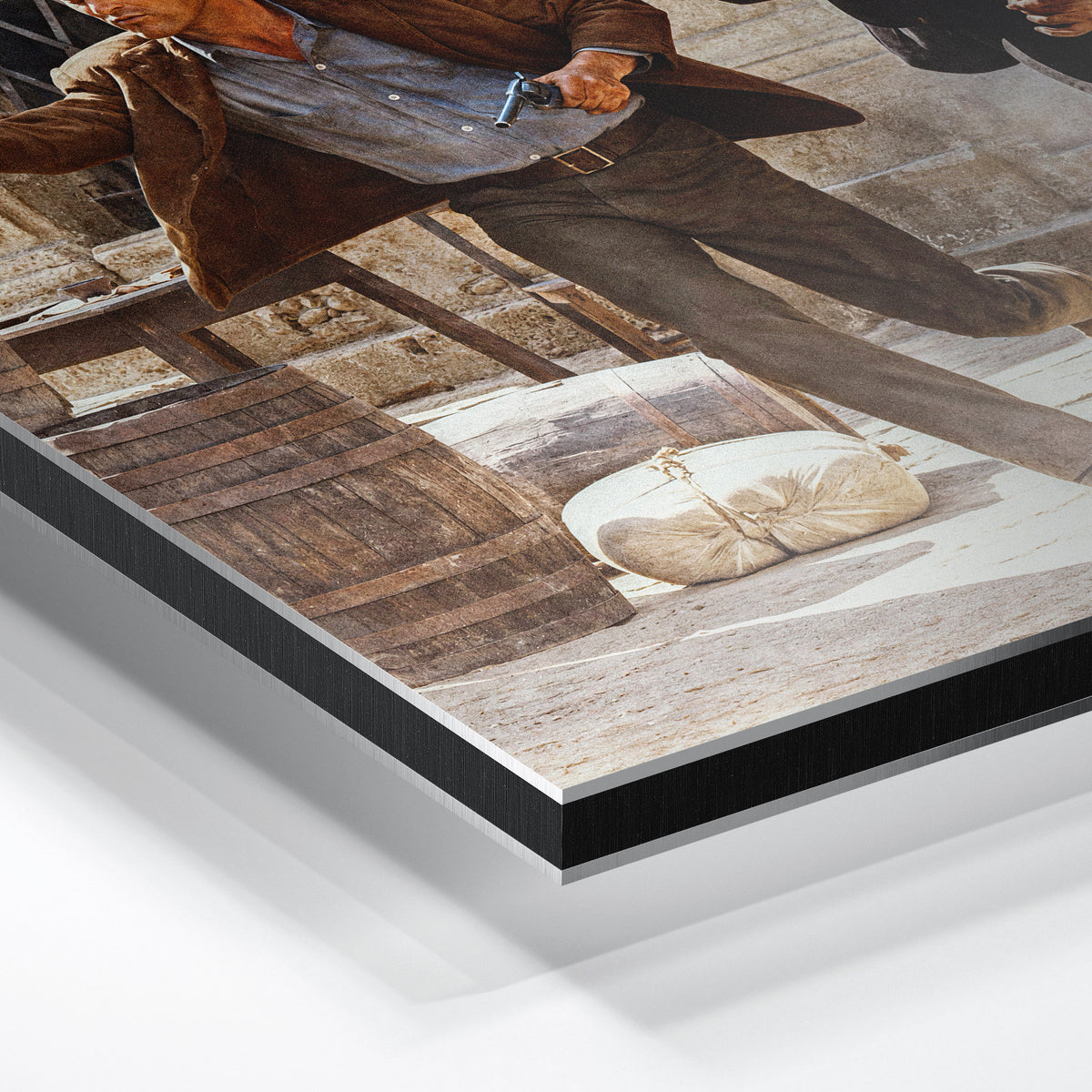 Close-up of the aluminum edge on the Butch Cassidy and the Sundance Kid final shootout color metal print