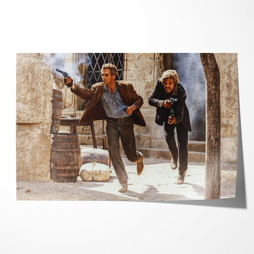 Unframed color print of Butch Cassidy and the Sundance Kid running out with revolvers drawn in the final shootout