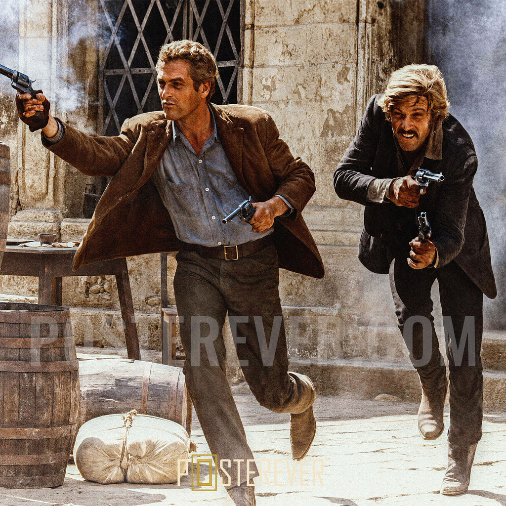 Zoomed detail of Paul Newman and Robert Redford charging out with revolvers in Butch Cassidy and the Sundance Kid, in full color