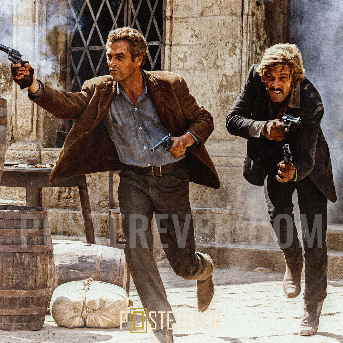Zoomed detail of Paul Newman and Robert Redford charging out with revolvers in Butch Cassidy and the Sundance Kid, in full color