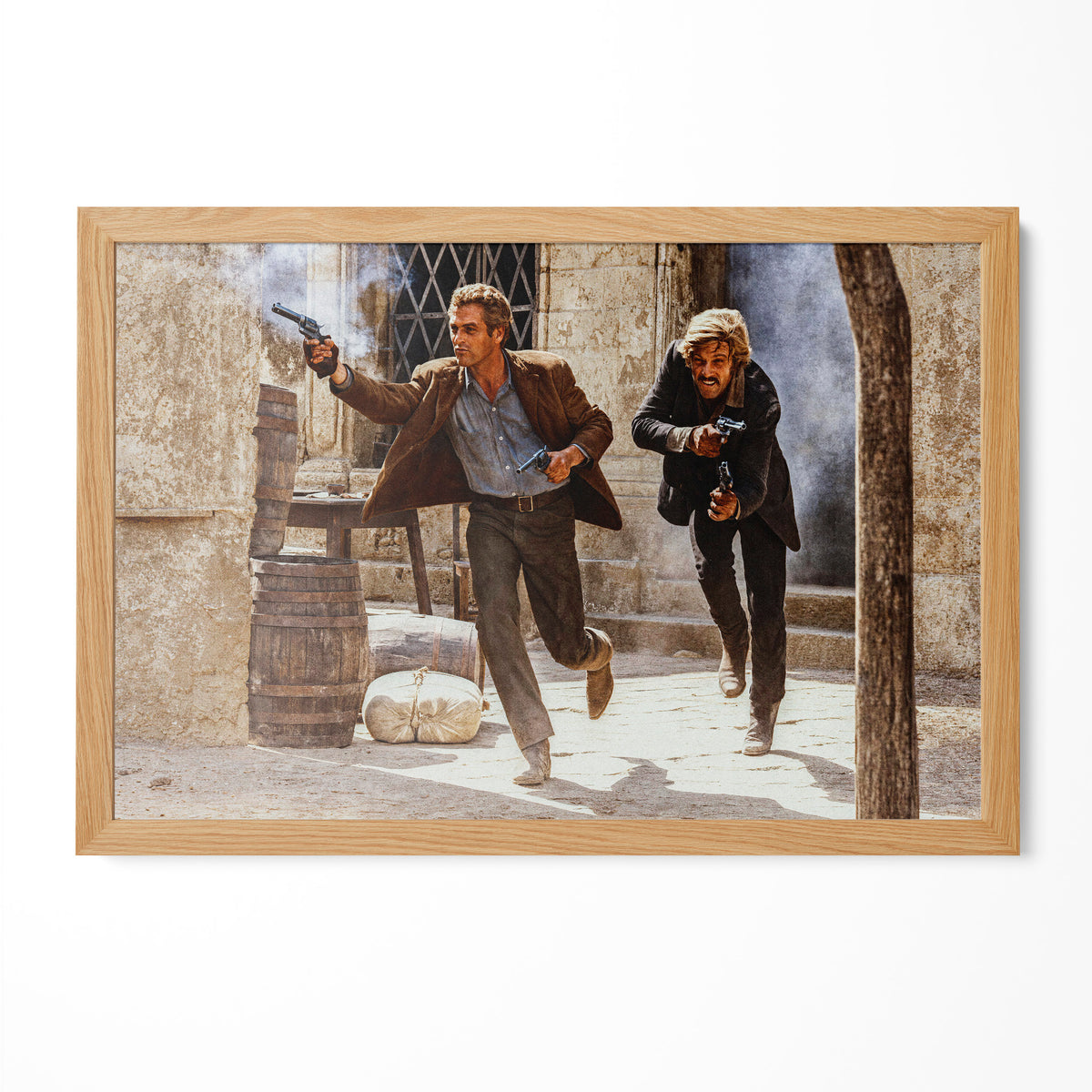 Butch Cassidy and the Sundance Kid final shootout color print in a natural oak poster frame