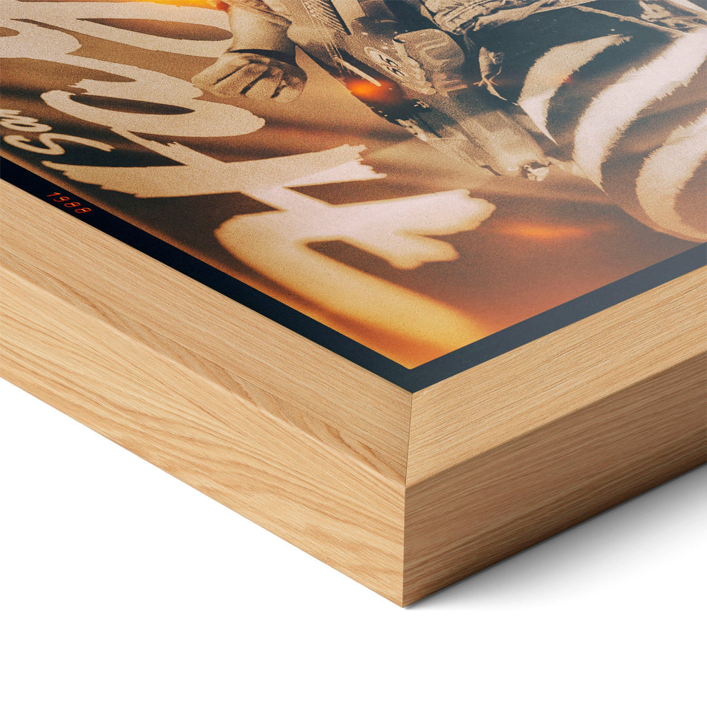 Corner close-up of the Sammy Hagar 1988 colour poster in a natural oak frame