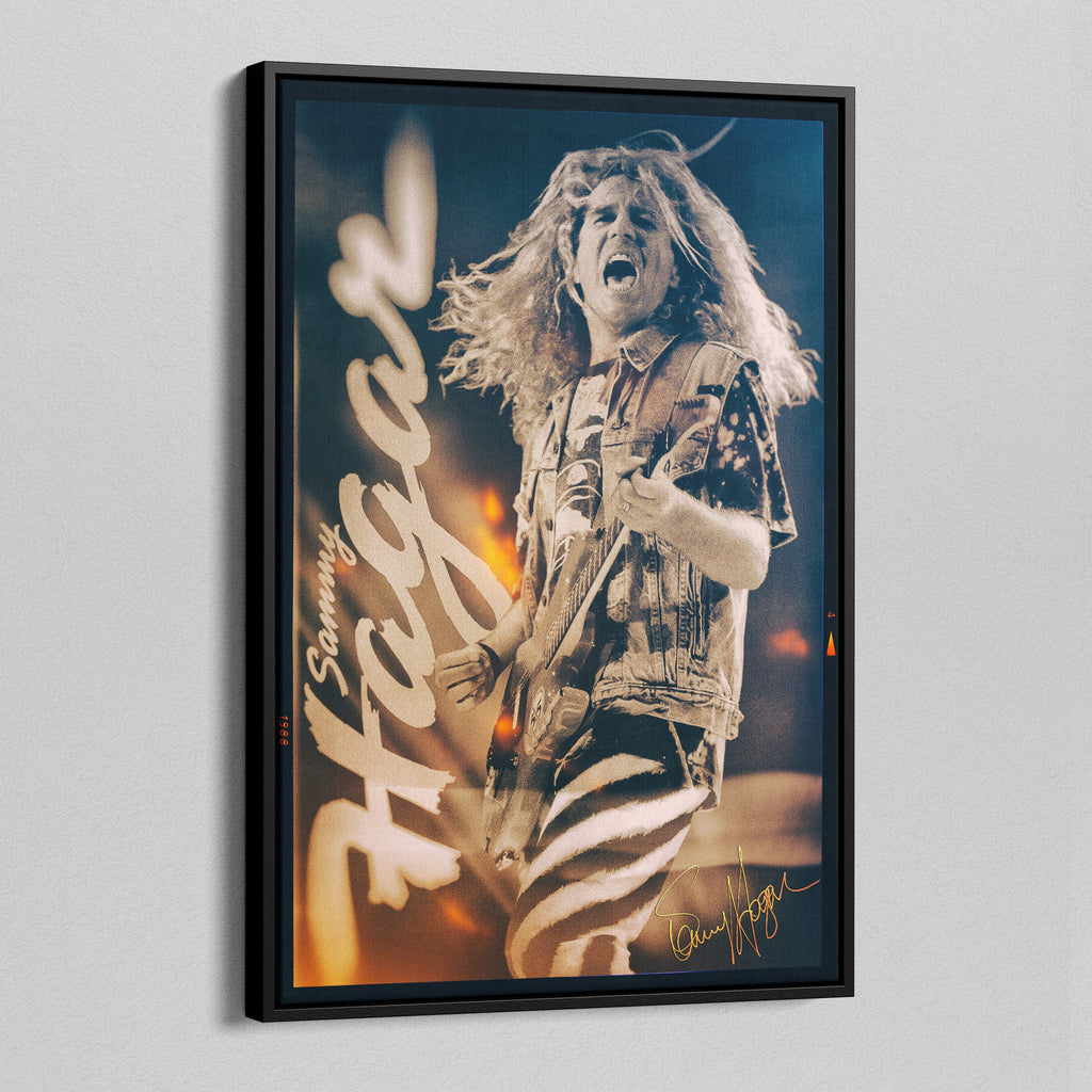 Angled view of the Sammy Hagar 1988 colour canvas in a black floating frame