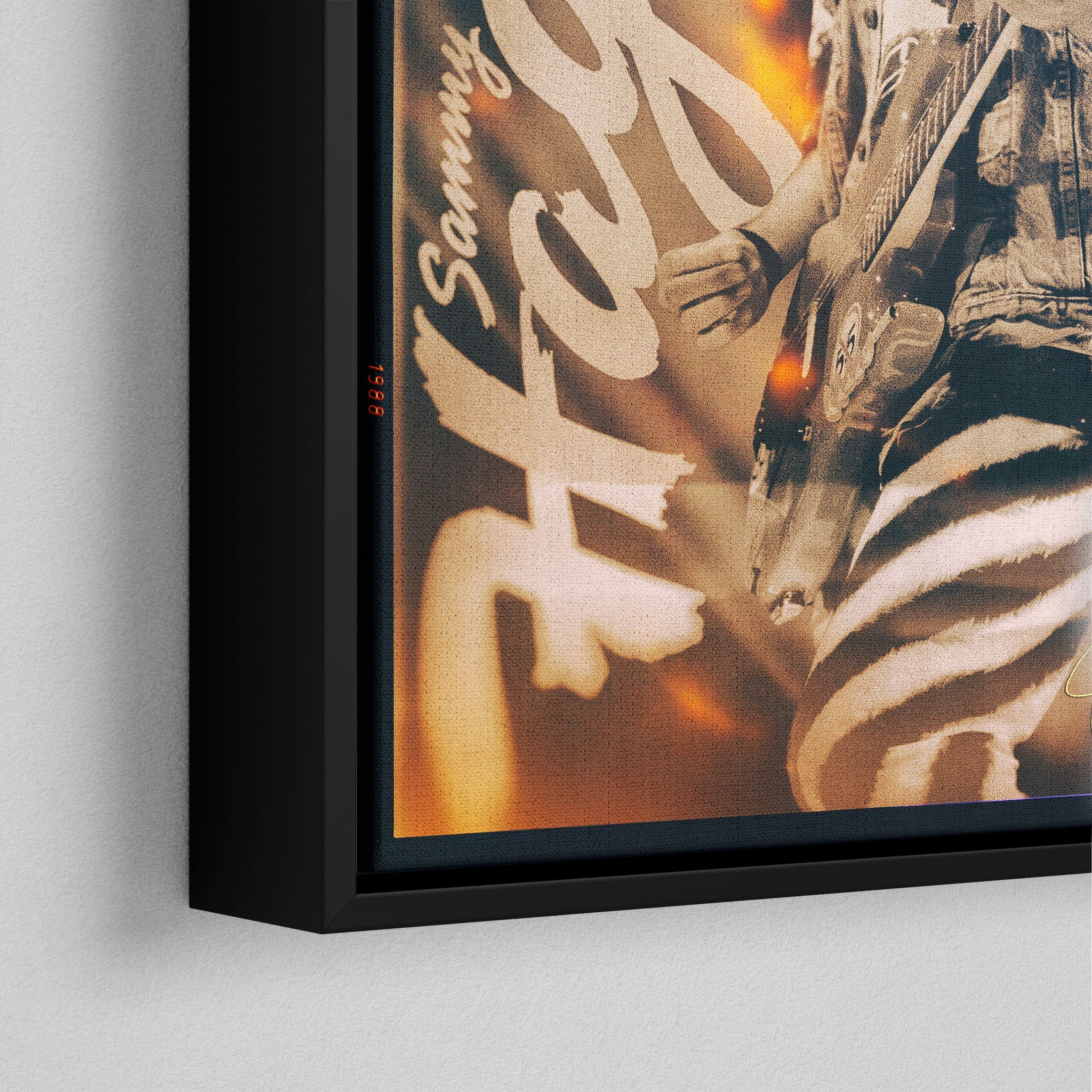Corner close-up of the black floating frame on the Sammy Hagar 1988 colour canvas