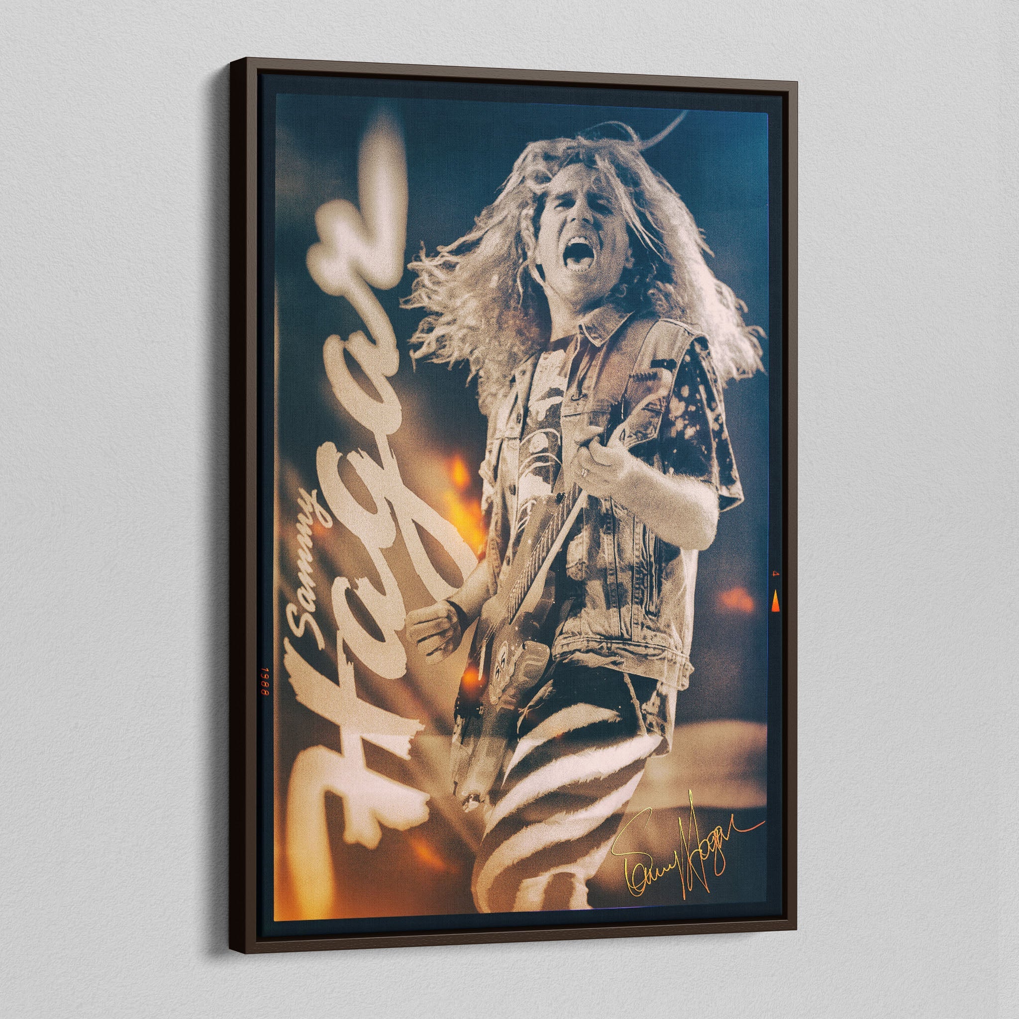 Angled view of the Sammy Hagar 1988 colour canvas in a dark walnut floating frame