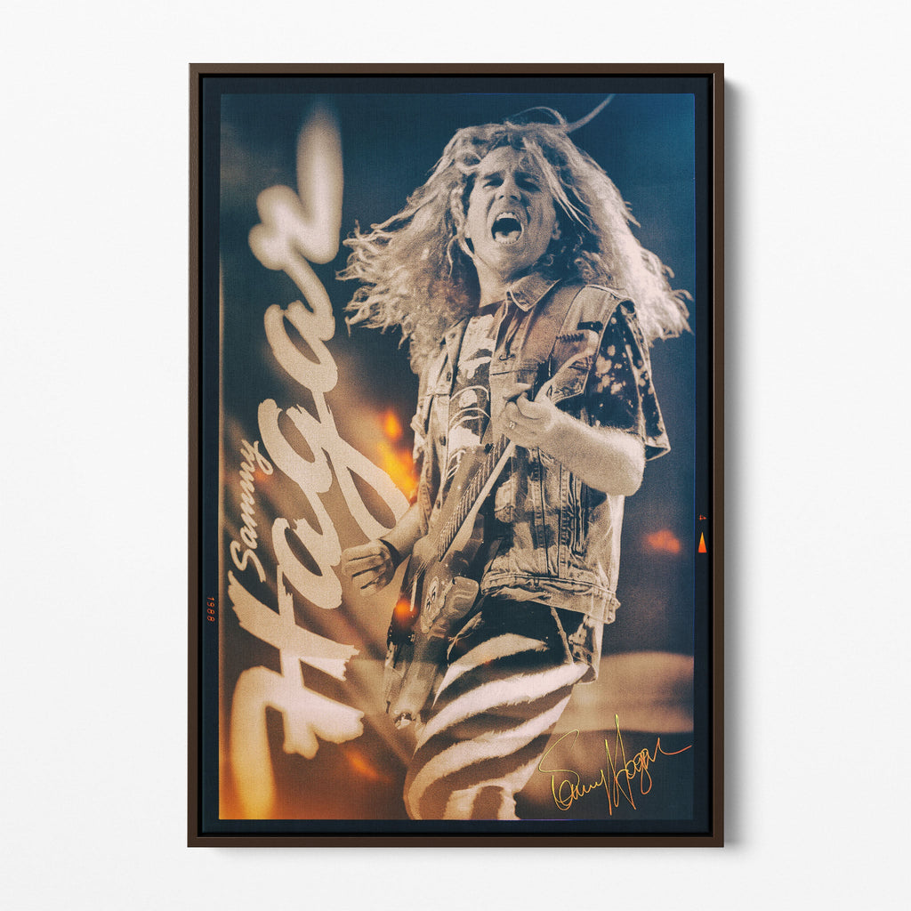 Front view of the Sammy Hagar Van Halen 1988 colour canvas in a dark walnut floating frame