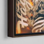 Corner close-up of the dark walnut floating frame on the Sammy Hagar 1988 colour canvas