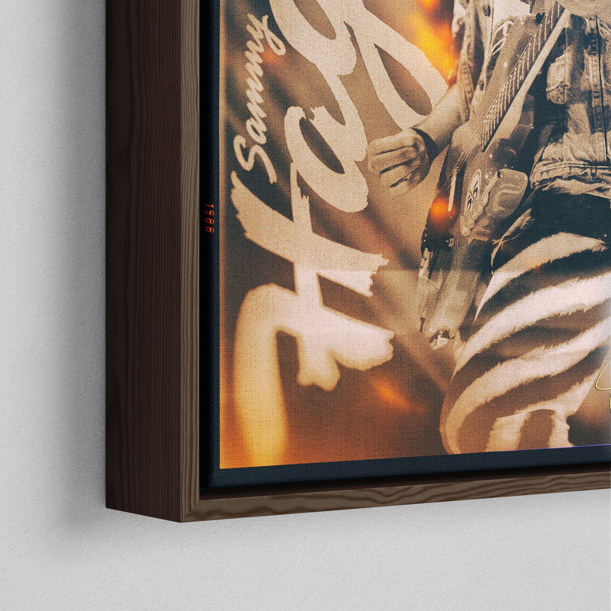 Corner close-up of the dark walnut floating frame on the Sammy Hagar 1988 colour canvas