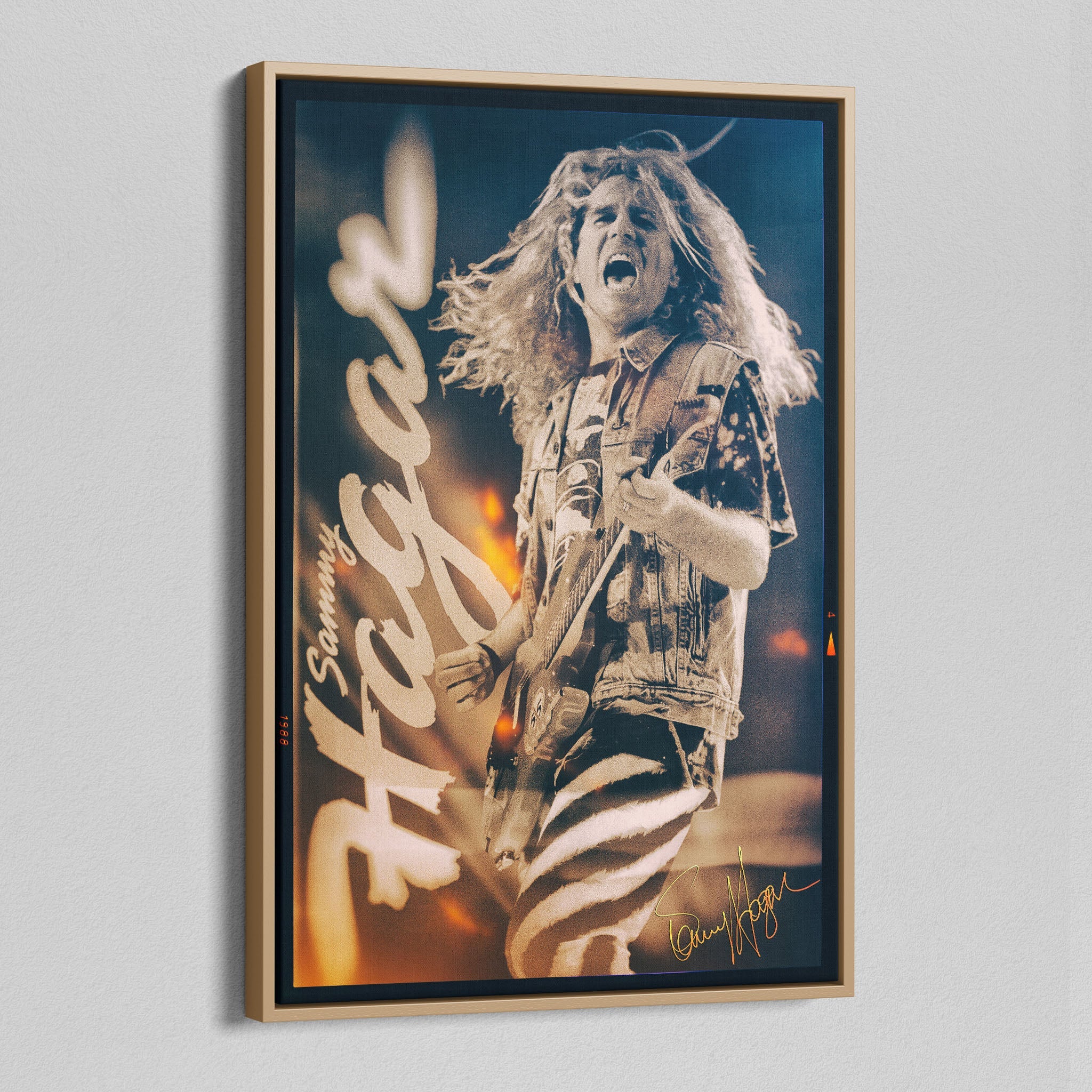 Angled view of the Sammy Hagar 1988 colour canvas in a natural oak floating frame