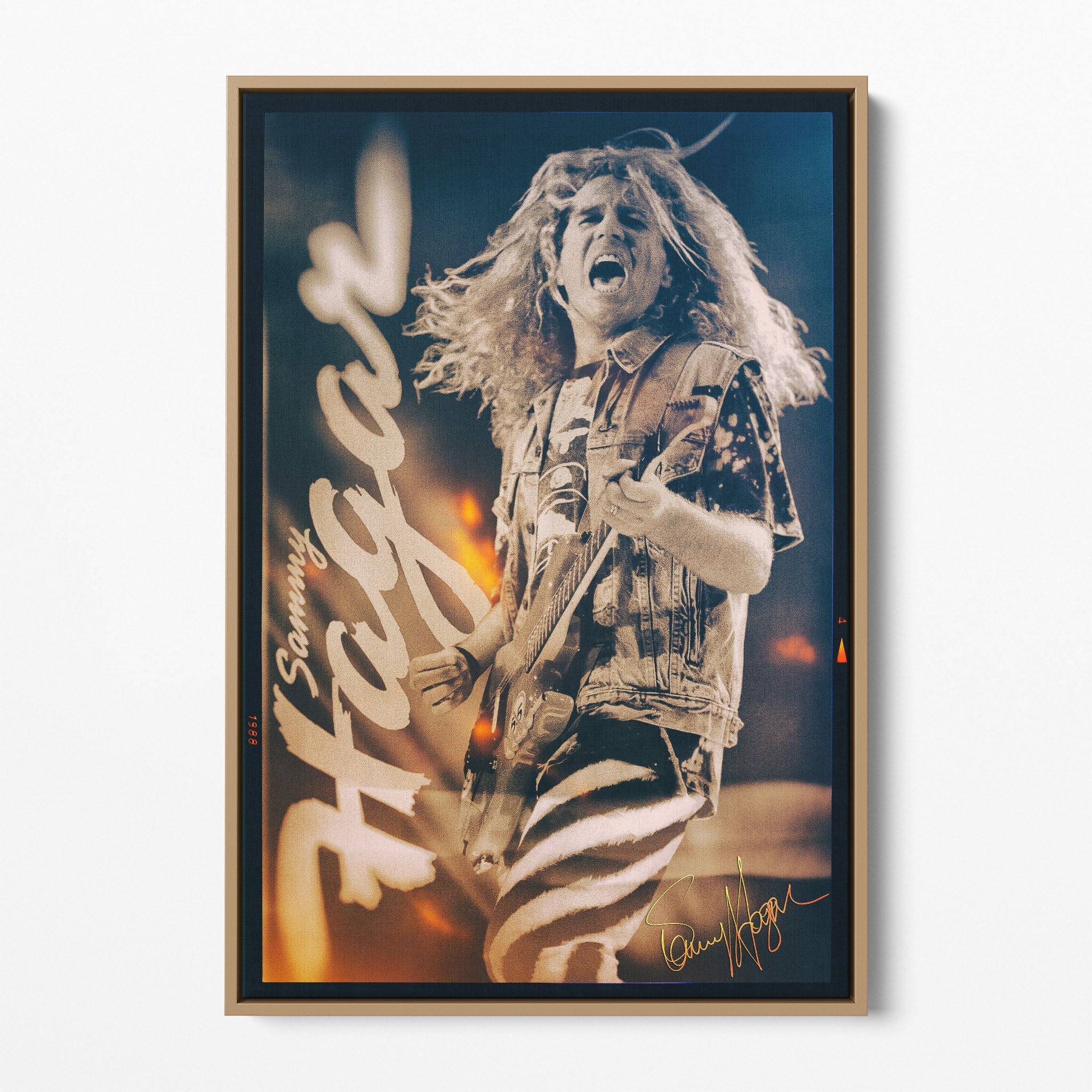 Front view of the Sammy Hagar Van Halen 1988 colour canvas in a natural oak floating frame