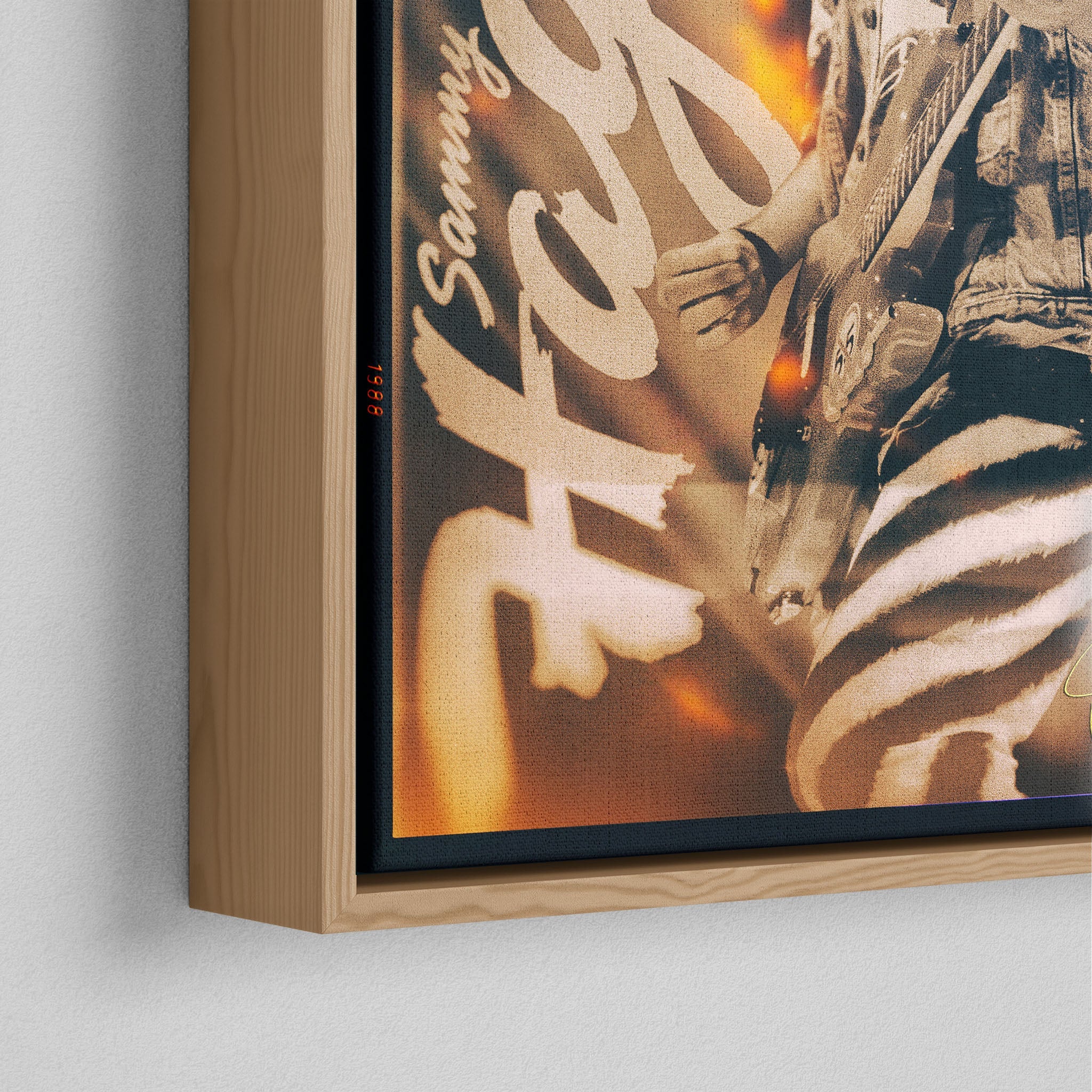 Corner close-up of the natural oak floating frame on the Sammy Hagar 1988 colour canvas