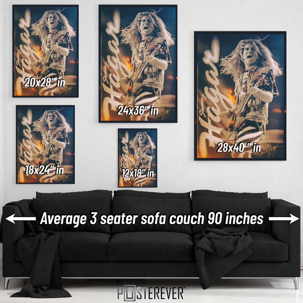 Wall art size comparison chart displaying multiple print dimensions above an average 3-seater sofa