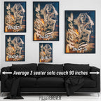 Wall art size comparison chart displaying multiple print dimensions above an average 3-seater sofa
