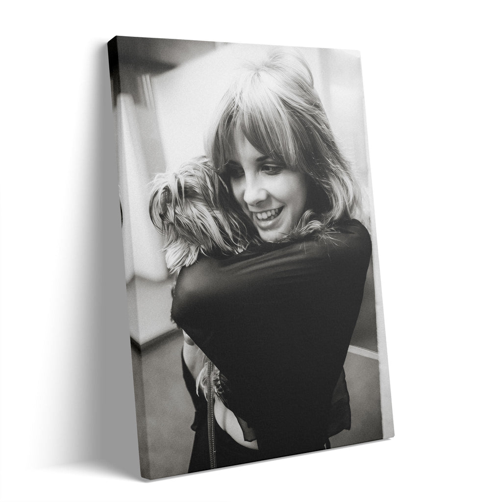 Stevie Nicks black and white candid portrait with her dog on gallery-wrapped canvas