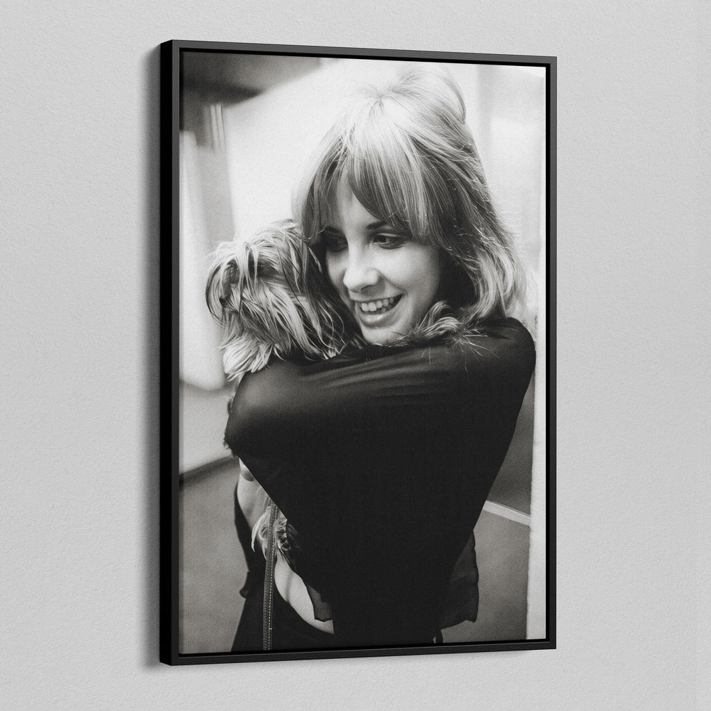 Angled view of the Stevie Nicks black and white portrait canvas in a black floating frame