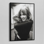 Angled view of the Stevie Nicks black and white portrait canvas in a black floating frame