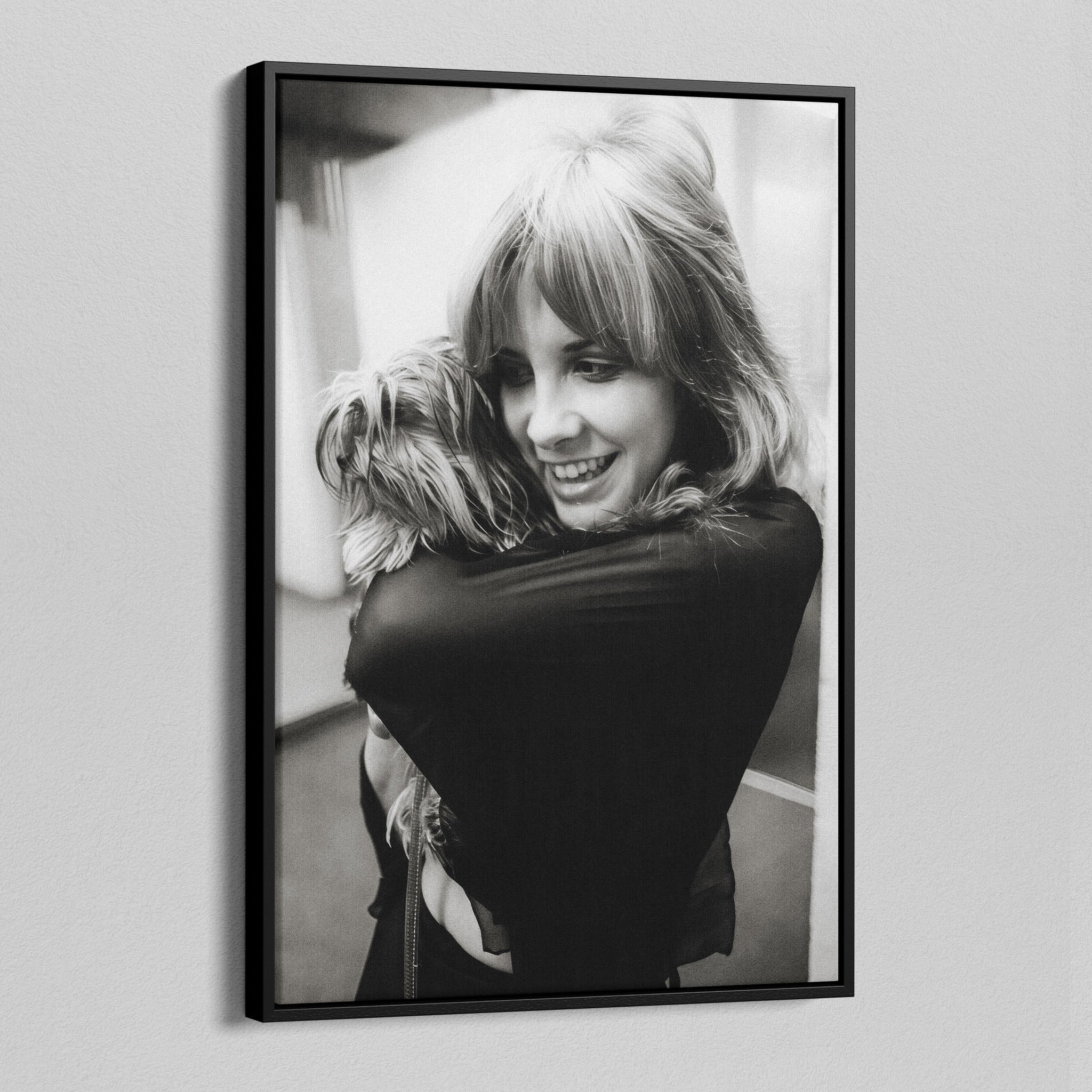 Angled view of the Stevie Nicks black and white portrait canvas in a black floating frame