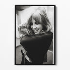 Front view of the Stevie Nicks black and white portrait canvas in a black floating frame