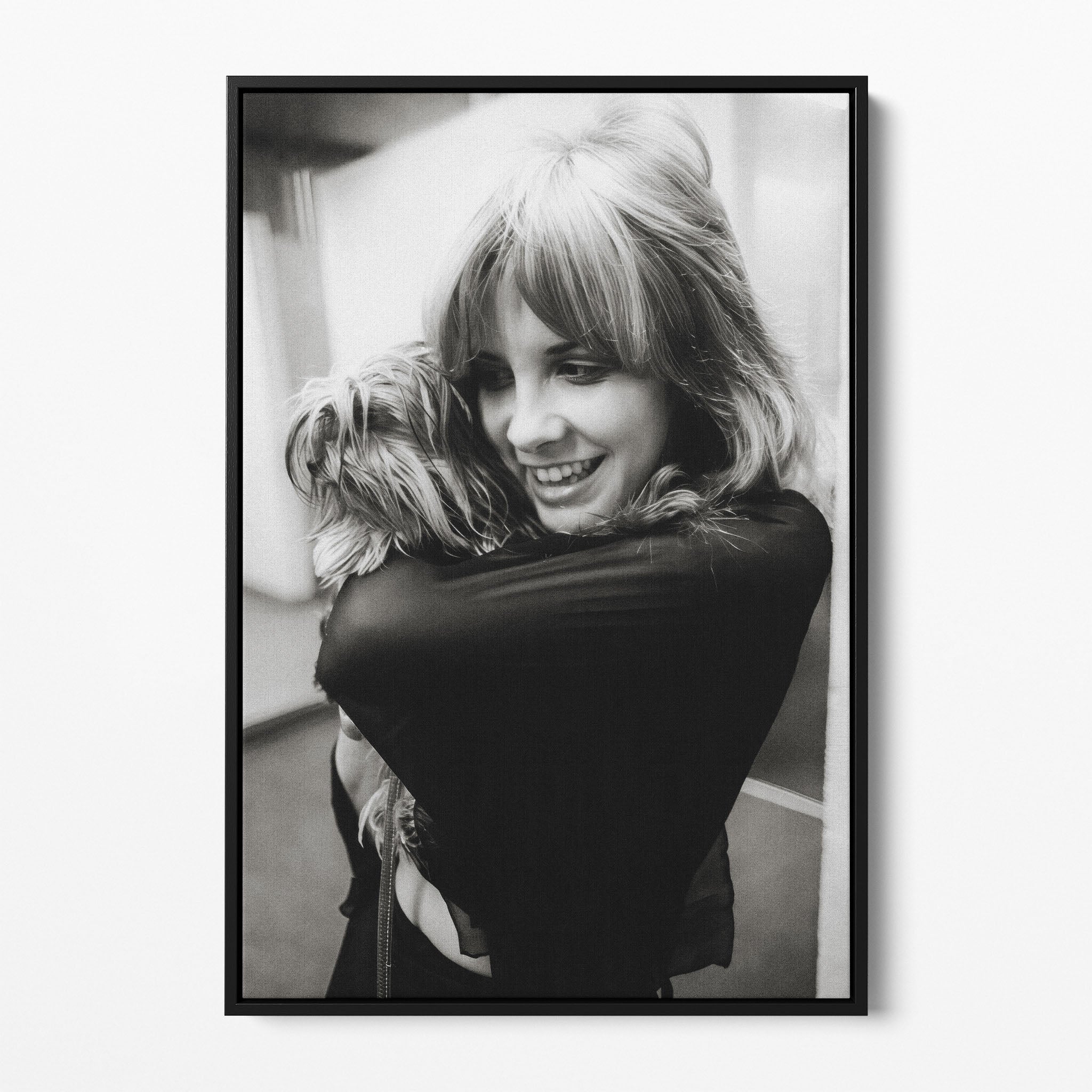 Front view of the Stevie Nicks black and white portrait canvas in a black floating frame