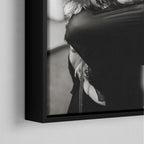 Corner close-up of the black floating frame on the Stevie Nicks black and white canvas