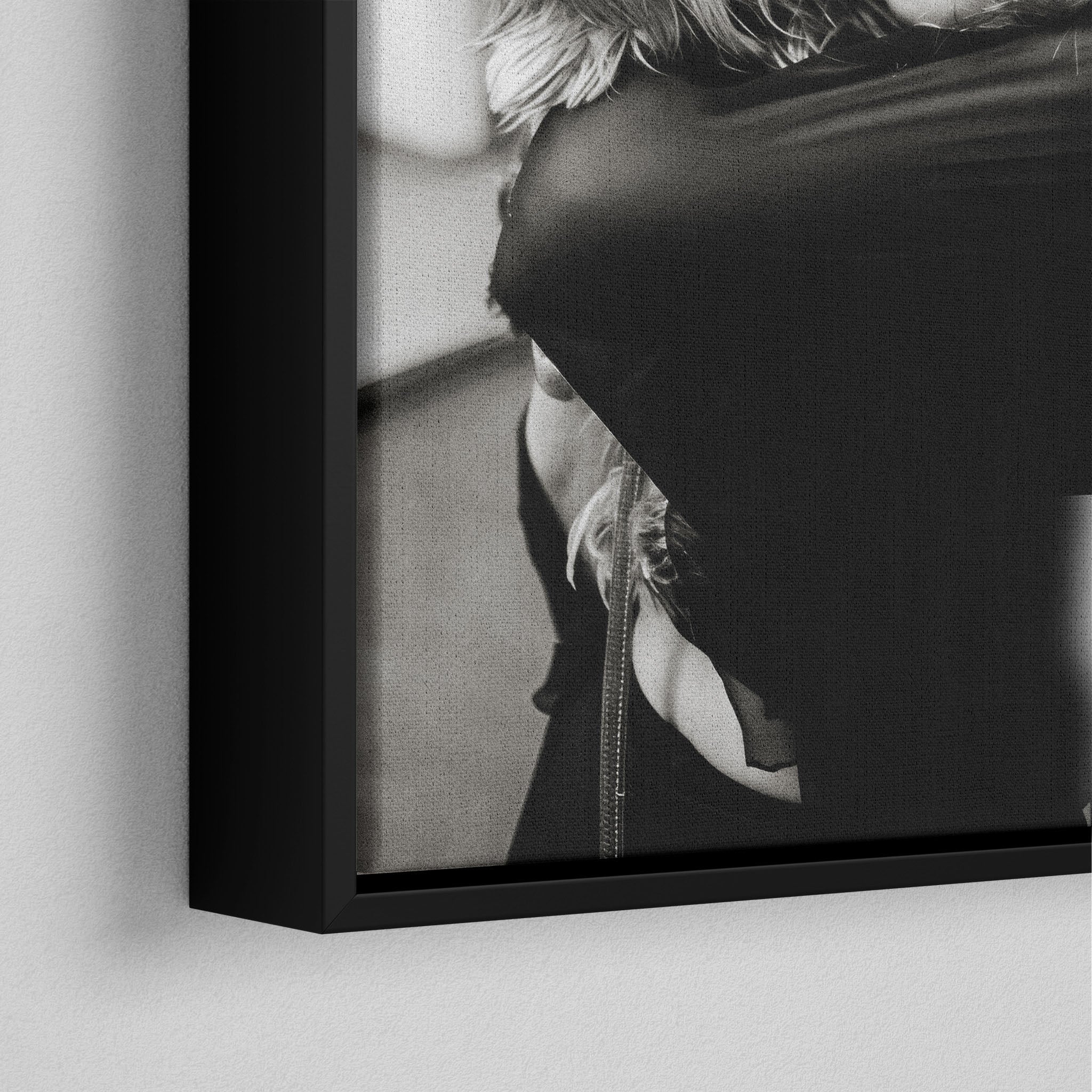 Corner close-up of the black floating frame on the Stevie Nicks black and white canvas