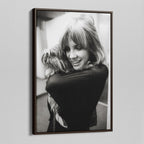 Angled view of the Stevie Nicks black and white portrait canvas in a dark walnut floating frame