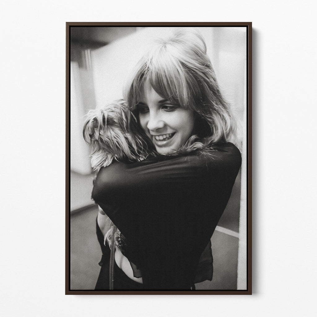 Front view of the Stevie Nicks black and white portrait canvas in a dark walnut floating frame
