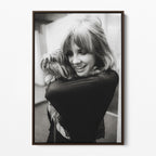 Front view of the Stevie Nicks black and white portrait canvas in a dark walnut floating frame