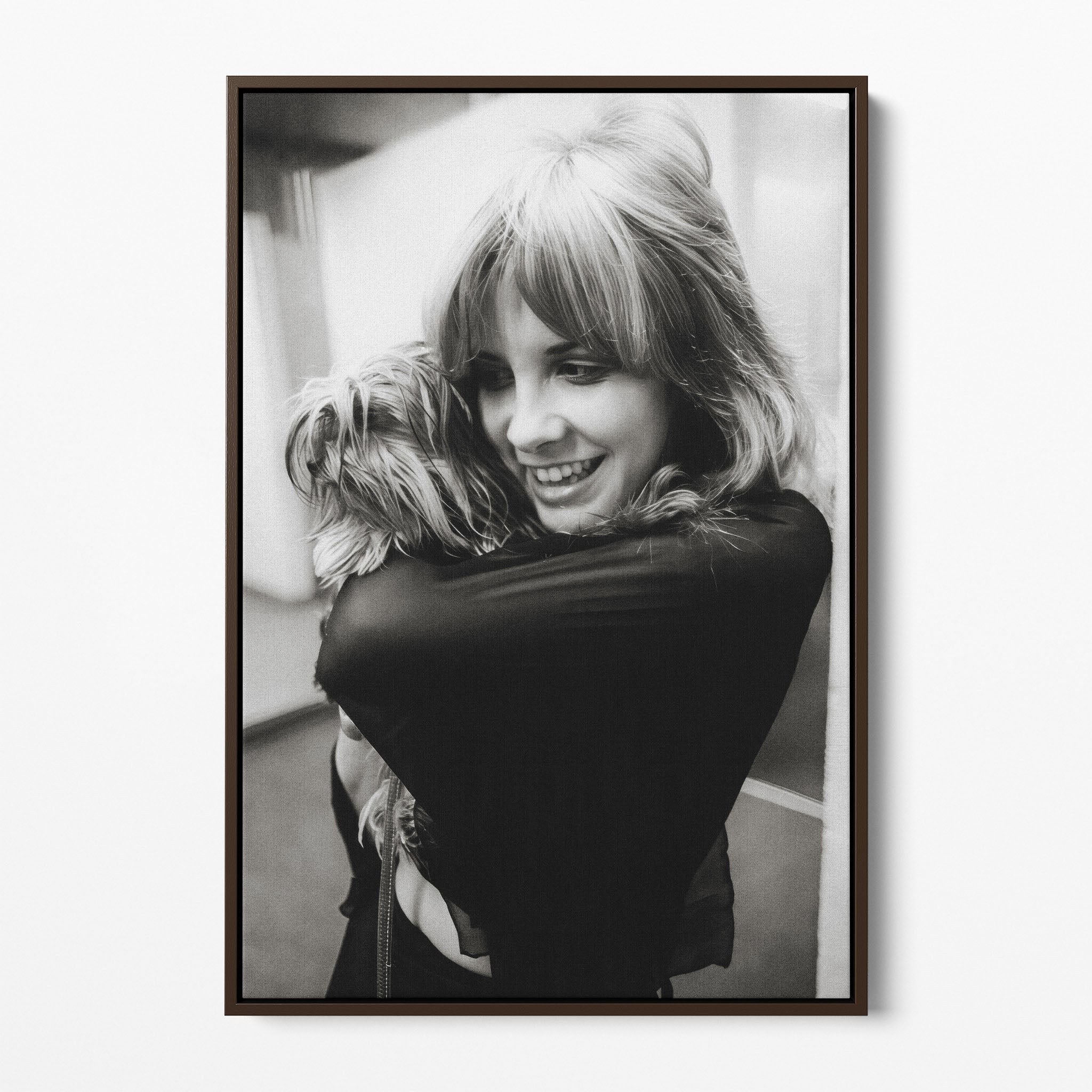 Front view of the Stevie Nicks black and white portrait canvas in a dark walnut floating frame