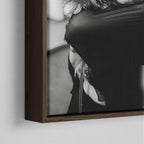 Corner close-up of the dark walnut floating frame on the Stevie Nicks black and white canvas