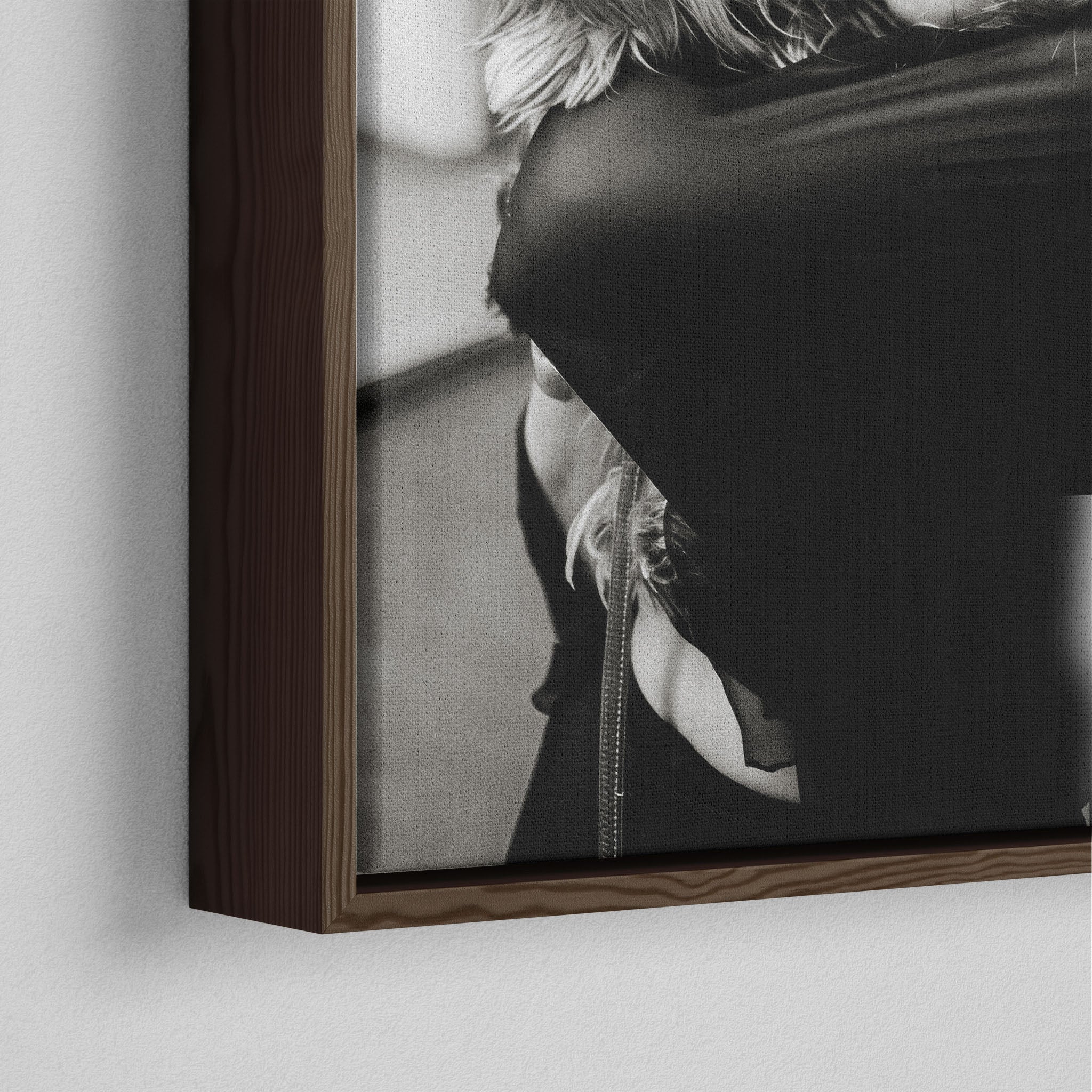 Corner close-up of the dark walnut floating frame on the Stevie Nicks black and white canvas