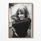 Front view of the Stevie Nicks black and white portrait canvas in a natural oak floating frame