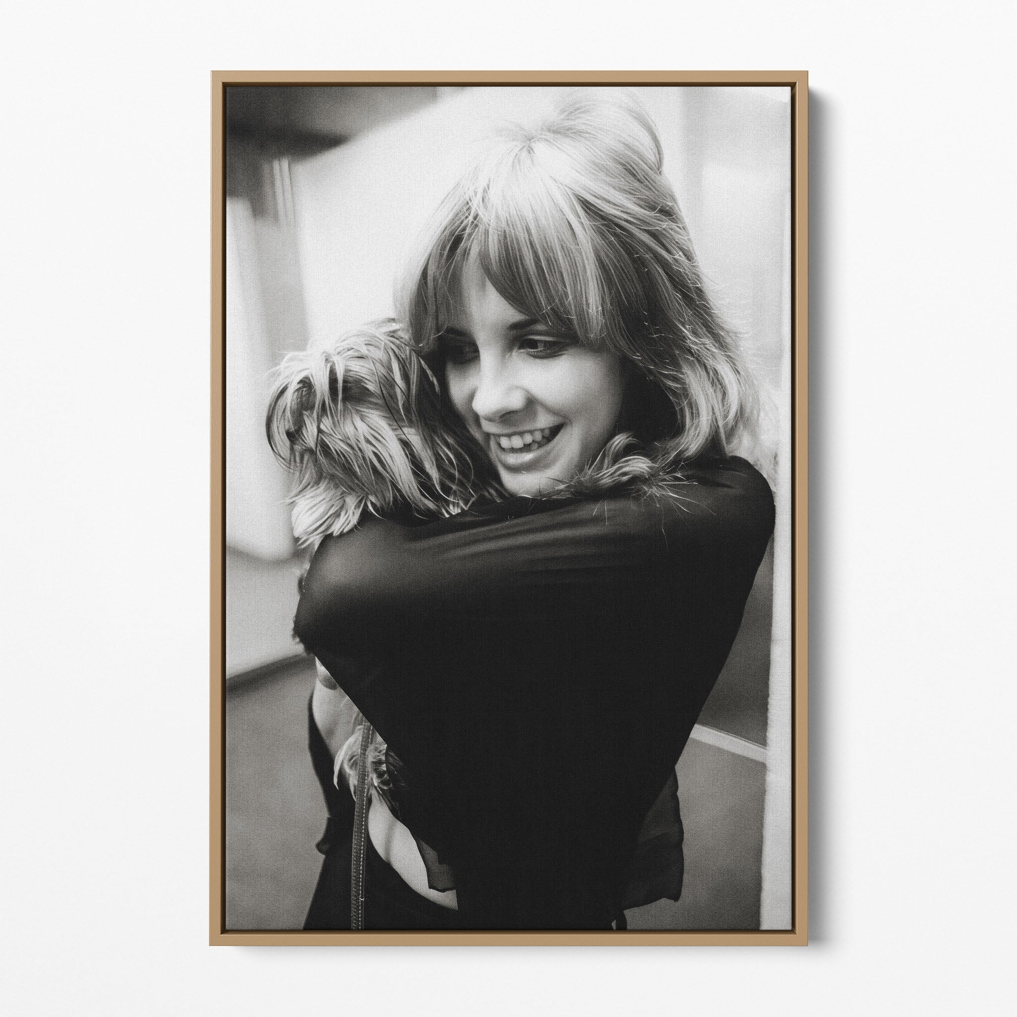 Front view of the Stevie Nicks black and white portrait canvas in a natural oak floating frame