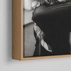 Corner close-up of the natural oak floating frame on the Stevie Nicks black and white canvas