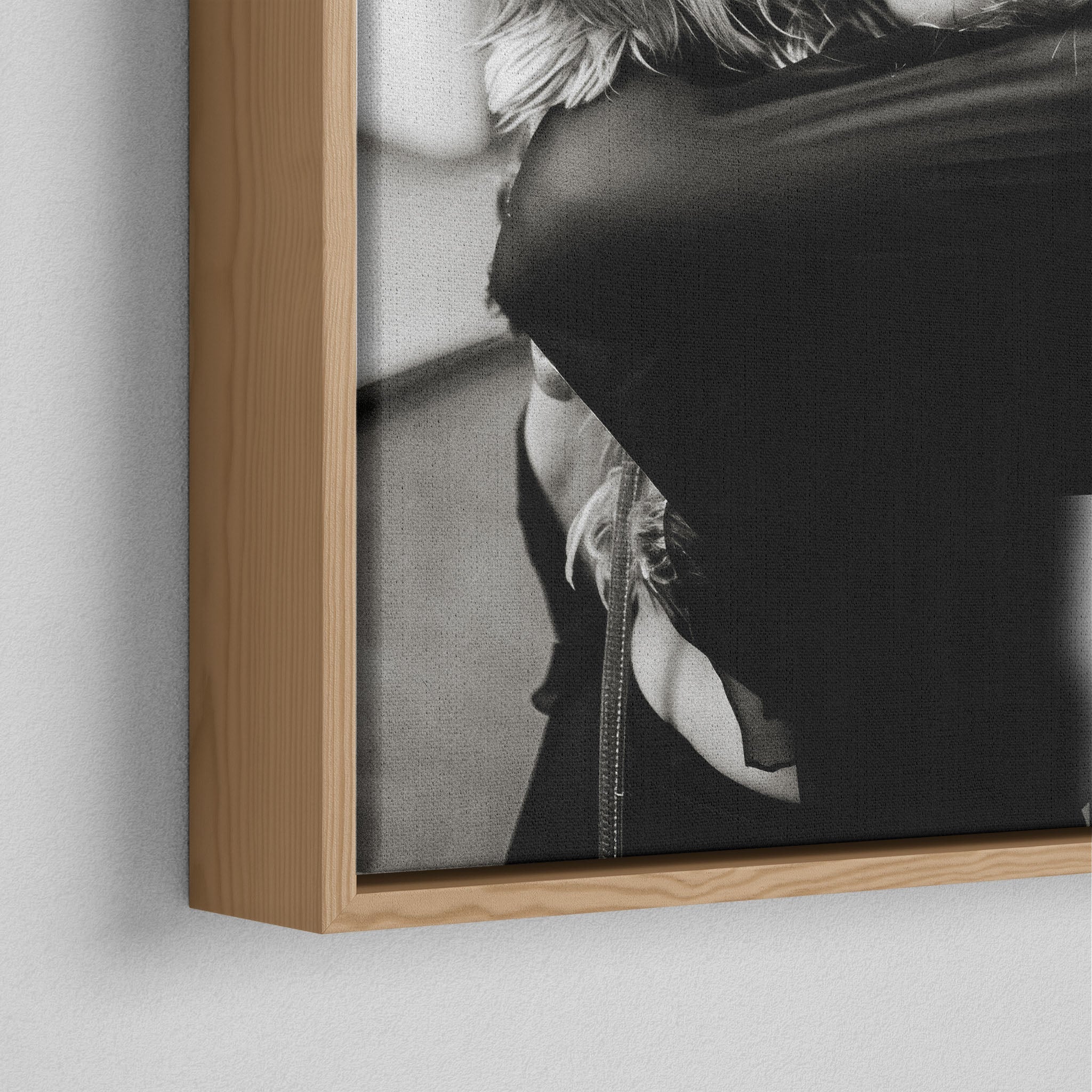 Corner close-up of the natural oak floating frame on the Stevie Nicks black and white canvas