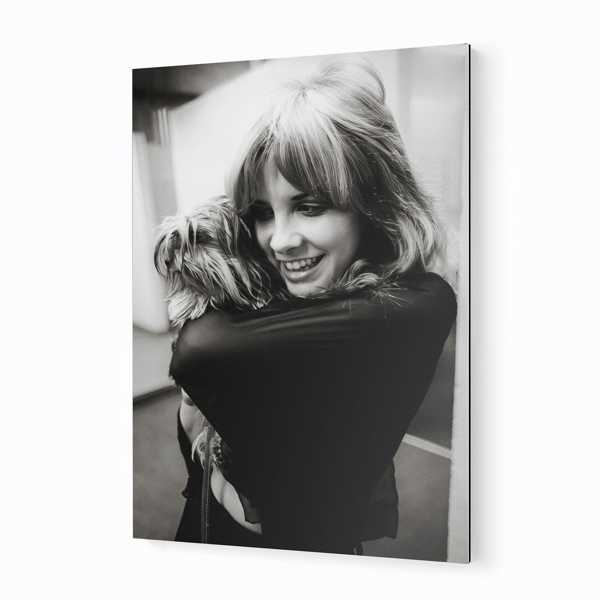 Stevie Nicks black and white candid portrait with her dog on a sleek aluminium metal print