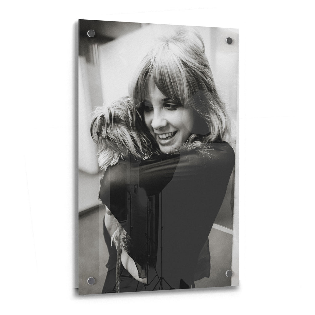 Stevie Nicks black and white candid portrait with her dog on glossy acrylic glass