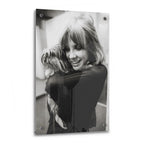 Stevie Nicks black and white candid portrait with her dog on glossy acrylic glass