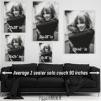 Wall art size comparison chart displaying multiple print dimensions above an average 3-seater sofa