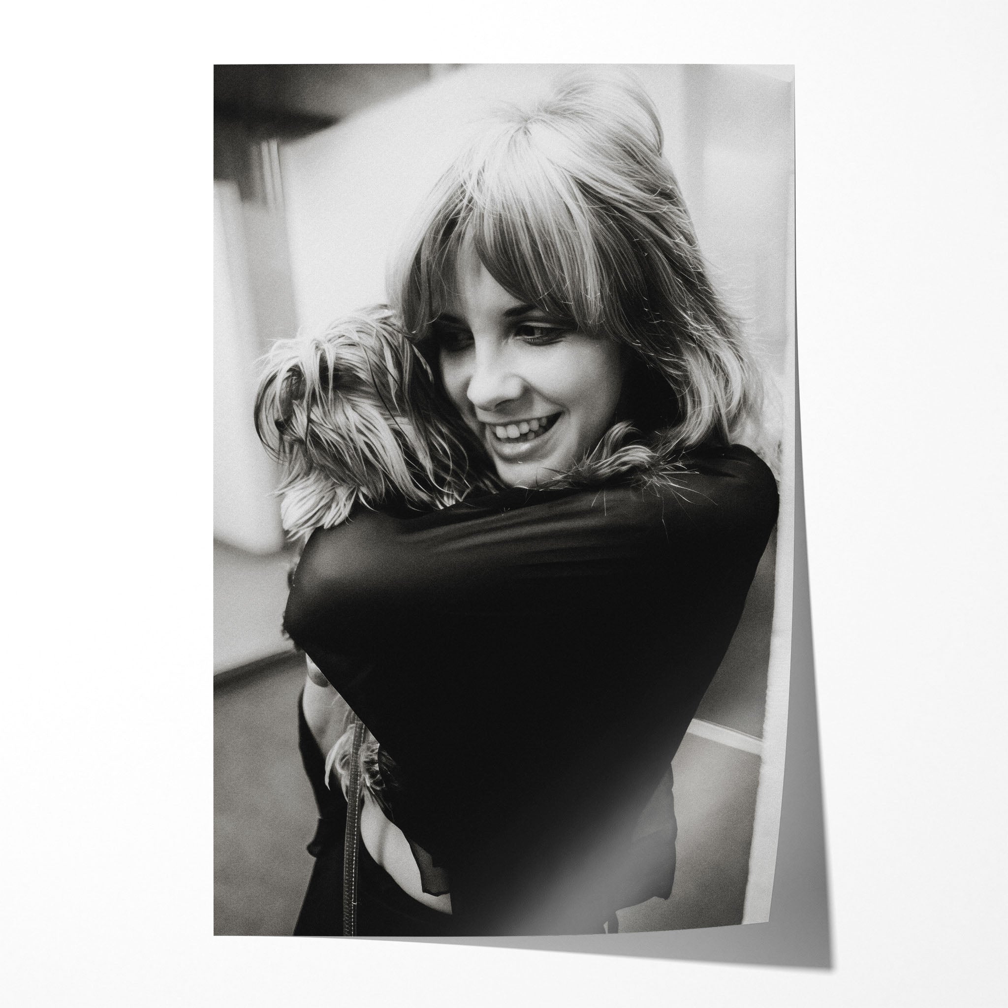 Stevie Nicks Fleetwood Mac black and white candid portrait with her dog, unframed poster preview