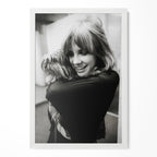 Stevie Nicks black and white candid portrait with her dog in a classic white poster frame