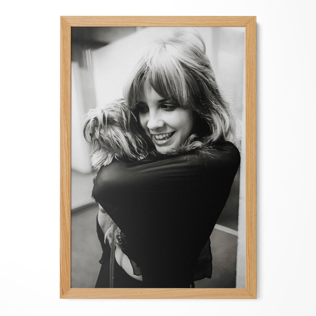 Stevie Nicks black and white candid portrait in a natural oak poster frame