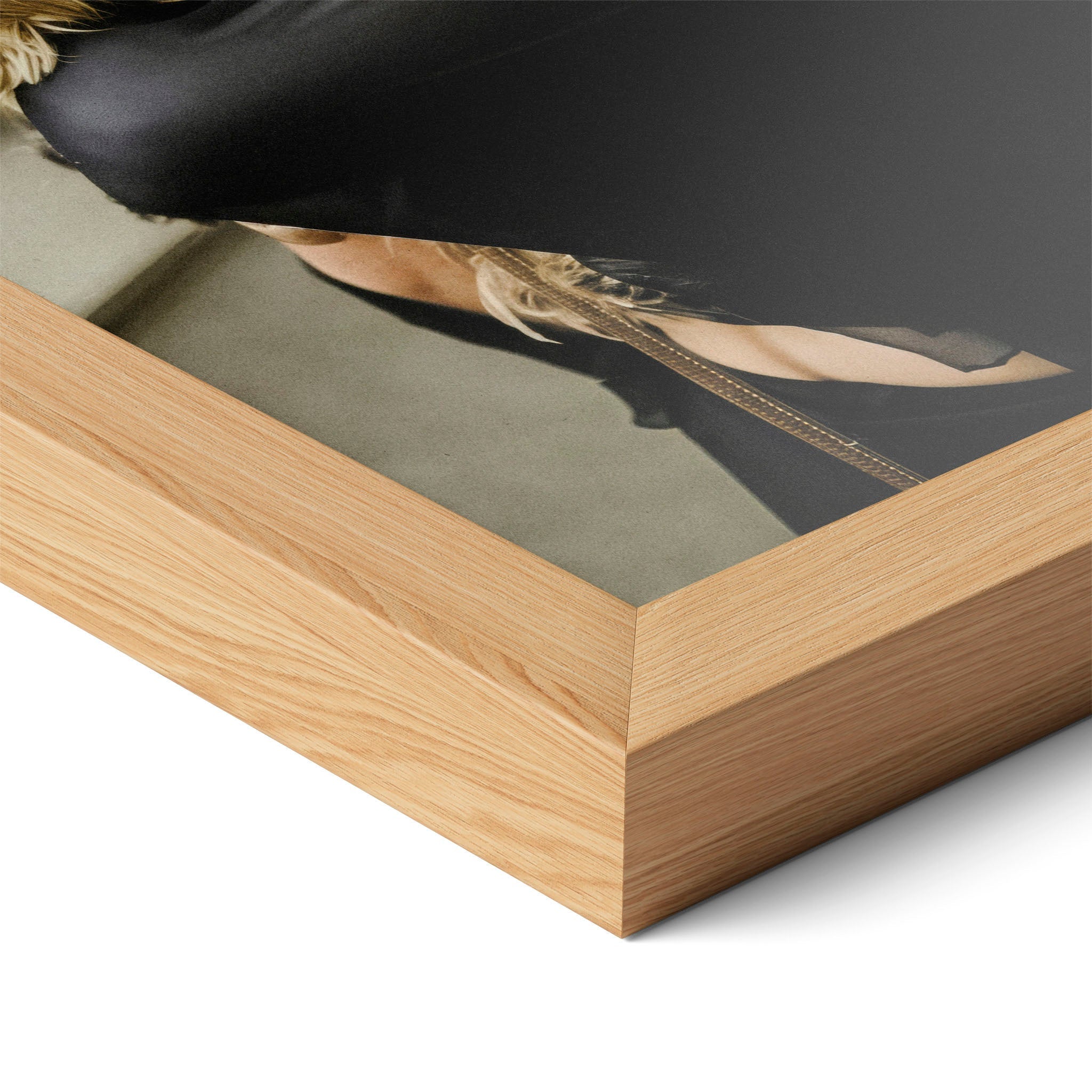 Corner close-up of the Stevie Nicks colour portrait in a natural oak frame