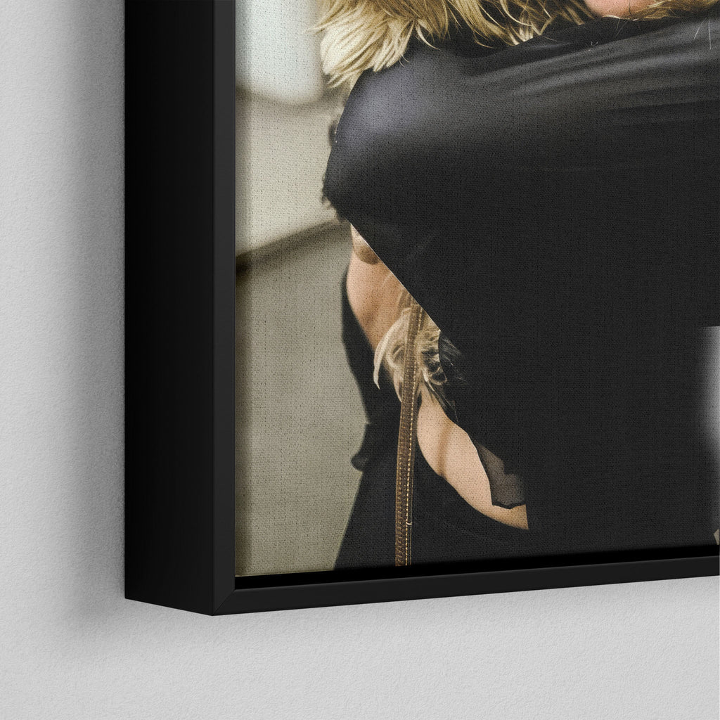 Corner close-up of the black floating frame on the Stevie Nicks colour canvas