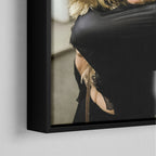Corner close-up of the black floating frame on the Stevie Nicks colour canvas