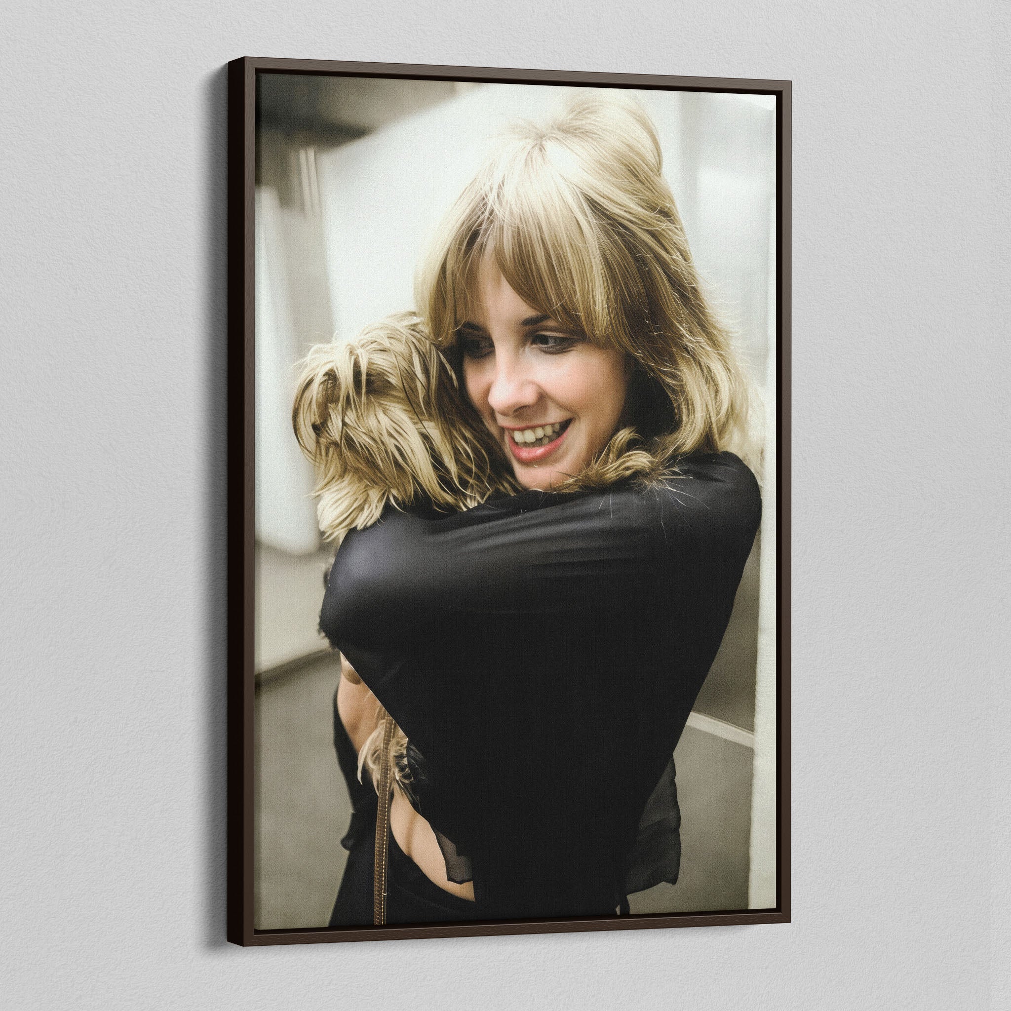 Angled view of the Stevie Nicks colour portrait canvas in a dark walnut floating frame